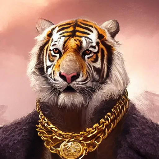 Prompt: an aesthetic award winning commission portrait of an anthro albino tiger wearing a golden chain around the neck and a black puffed jacket,digital art,art by greg rutkowski,ross tran,character design by charles bowater,photorealistic,detailed face,western comic,professional lighting,fantasy,deviantart,artstation