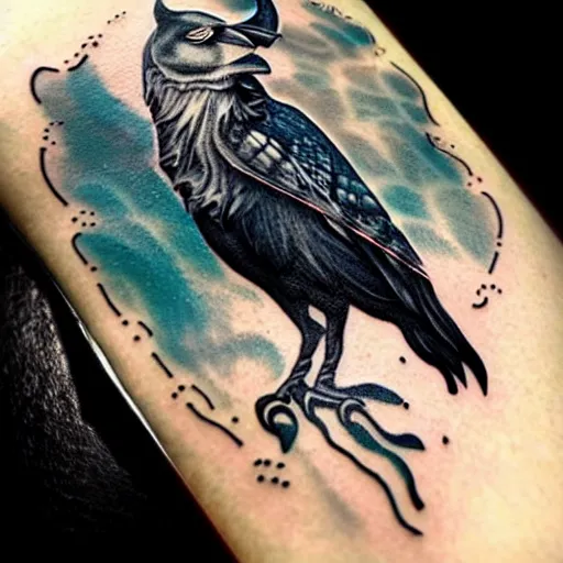 Image similar to surreal image depicting a raven combined with a deer and an owl but is also actually a window into the ocean. Fine line tattoo art. dark fantasy, intricate detail.