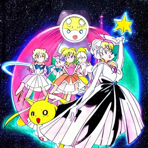 Image similar to sailor moon, illustrated by mato and ken sugimori and akira toriyama, manga, black and white illustration