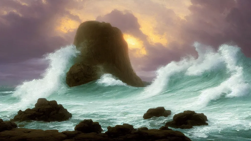 Image similar to first person view of breaking waves on the shore, summer, during a storm, sea breeze rises in the air, by andreas rocha and john howe, and Martin Johnson Heade, featured on artstation, featured on behance, golden ratio, ultrawide angle, f32, well composed