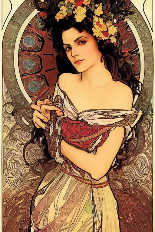 Image similar to portrait of monica belucci from the movie malena, artwork by alphonse mucha