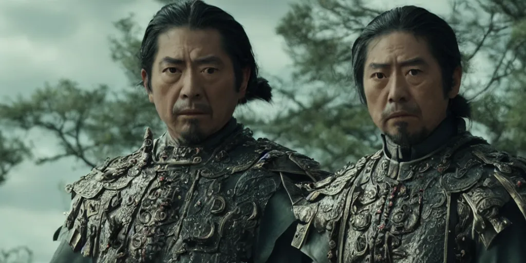 Image similar to a film still of guillermo francella starring as an ancient samurai in a japanese blockbuster film, shallow depth of field, cinematic, award winning cgi, vfx, film still