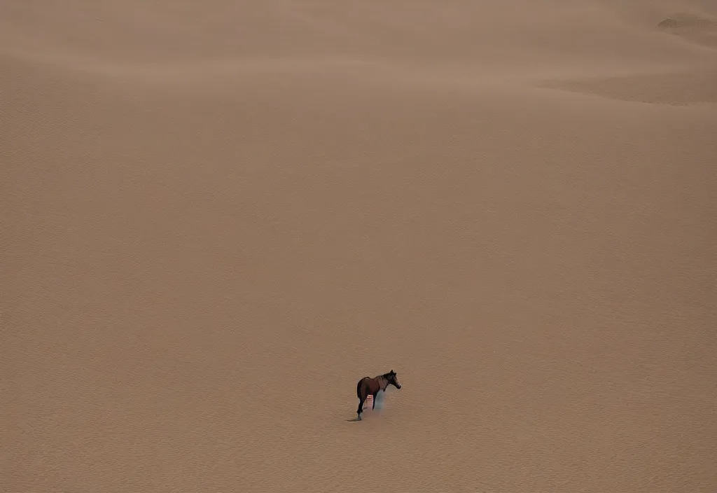 Image similar to a horse made out of flesh walking across sand dunes