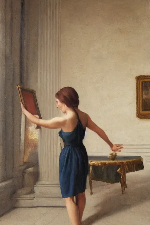 Prompt: long view, close-up young woman looks at painting in empty room, in style of classicism