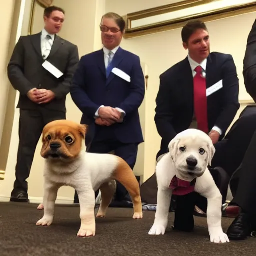 Prompt: a picture from a reporter covering the first ever meeting of the puppy senate, featuring puppies dressed in suits