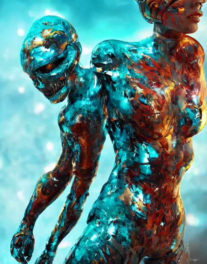 Prompt: positing on rock biopunk goddess full lenght view. super hero pose. woman wearing a helmet. white plastic, human skull, swollen muscles, tumors, veins, biopunk elements. halo. octane rendering, cinematic, hyperrealism, octane rendering, 8k, depth of field, bokeh. iridescent accents. vibrant. teal gold and red color scheme