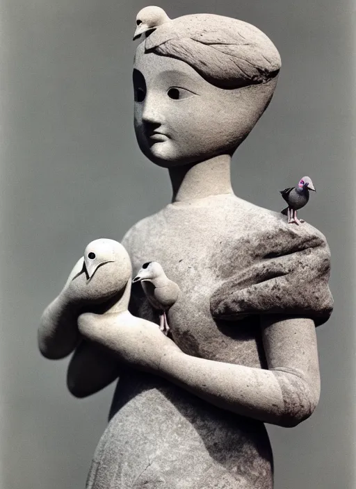 Prompt: realistic photo of a a girl with a pigeons, ancient sculpture doll made of white clay and black brushwood, greyscale grain 1 9 6 0, life magazine photo, natural colors, metropolitan museum, kodak