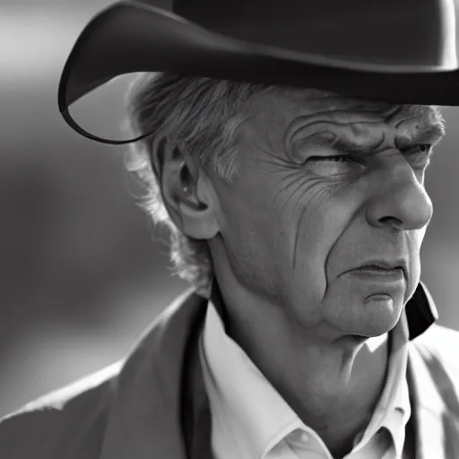 Prompt: Arsene Wenger as a Cowboy, epic quality, sharp focus, western, movie still, 8k, yellow tint, dramatic,