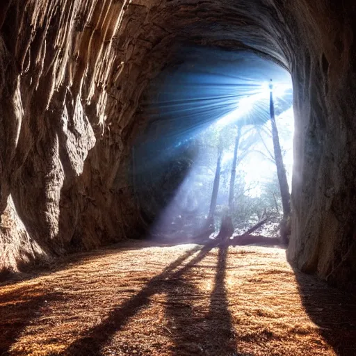 Image similar to clockwork afternoon forest ground shadows and volumetric sunbeams, geometric, cave entrance portal to alien landscape, by anson maddocks, charles o. perry, zack snyder, trending on 5 0 0 px, intricate, wavy, wide - angle, kodak ektar