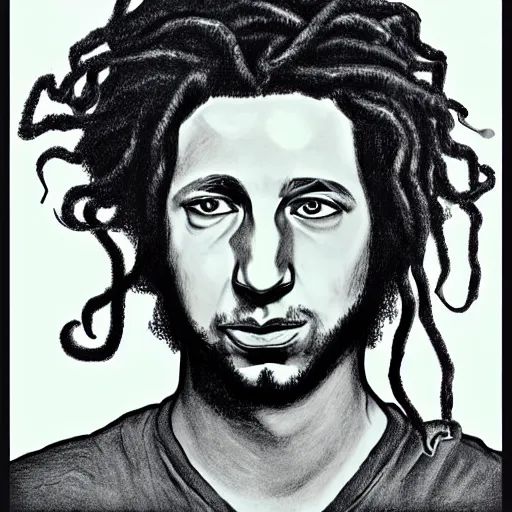 Image similar to zach de la rocha, portrait, face of medusa head, greek, drawing