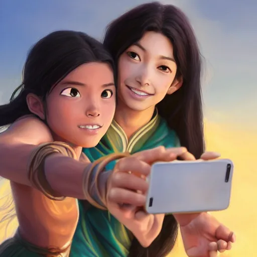 Image similar to beautiful serene intricate portrait of katara and toph beifong taking a selfie, smiling softly, relaxing on the beach, golden hour, soft focus, 8 k, art by irakli nadar, hyperrealism, hyperdetailed, ultra realistic