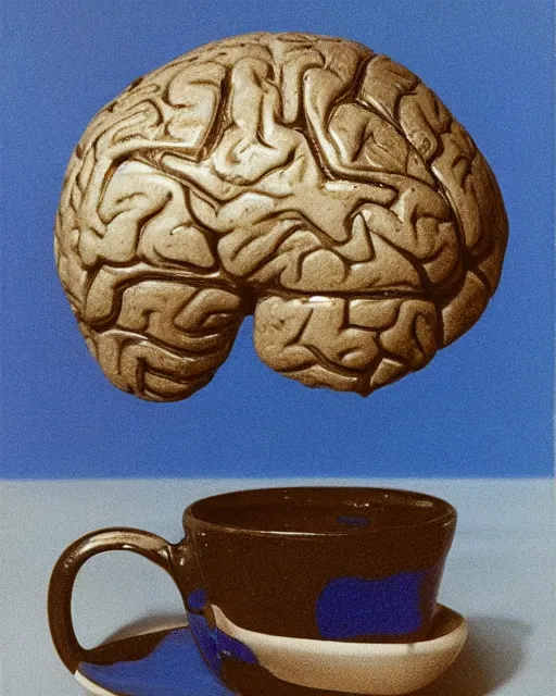 Prompt: joseph cornell's 'brain dipped in cup of coffee', still life, far shot, abstract, blue background, vibrant