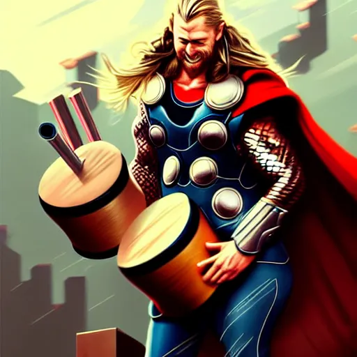 Image similar to thor playing the bongos, comic style by guweiz and stanley artgerm, extremely high quality artwork, very detailed, trending on artstation