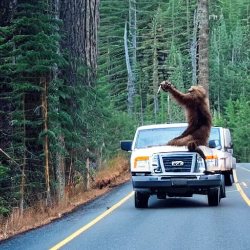 Prompt: Sasquatch in the forest tossing a big tree into highway traffic