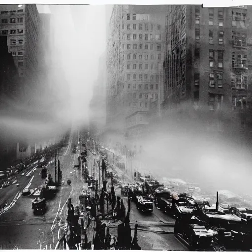 Prompt: old black and white photo, 1 9 1 3, depicting a giant alien kaiju monster rampaging through the bustling streets of new york city, historical record, volumetric fog