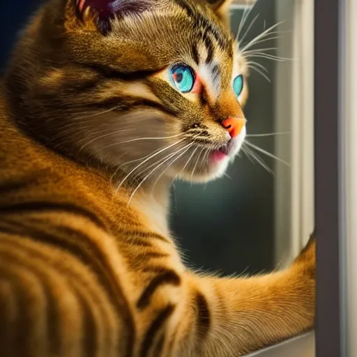 Prompt: A beautiful photo of a cat looking out of the window at night,It has big blue eyes , Photography , Long-range shots