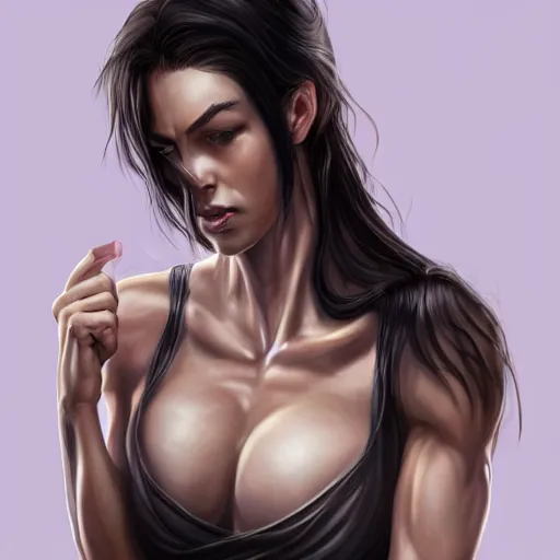 Image similar to a black haired woman in a black tank top, muscular upper body, abs, d & d, fantasy, intricate, elegant, highly detailed, digital painting, artstation, concept art, smooth, sharp focus, illustration, art by simon bisley