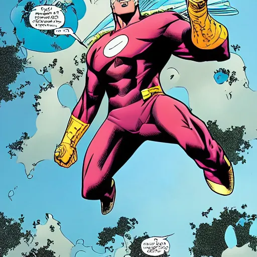 Prompt: Invincible (Image Comics) flying in an heroic pose
