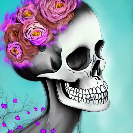 Image similar to 💀🌸🌹, peaceful, digital painting, soft lights