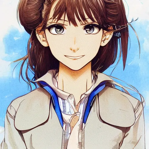 Image similar to Character design of a pretty young woman with messy light-brown hair wearing a bright blue dress and a muddy brown hiking jacket, serious expression, by Yusuke Murata, highly detailed, full-body shot