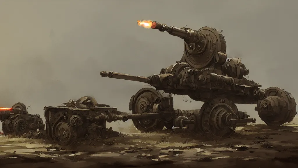 Image similar to howitzer cannon, watercolored, jakub rozalski, dark colours, dieselpunk, artstation
