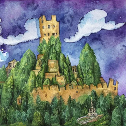 Image similar to laputa castle in the sky flies over the forest, watercolor illustration for a book