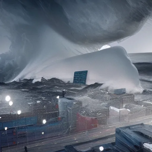 Image similar to 1 0 0 m high tsunami wave hits a city, highly detailed, 3 d octane render, epic lighting