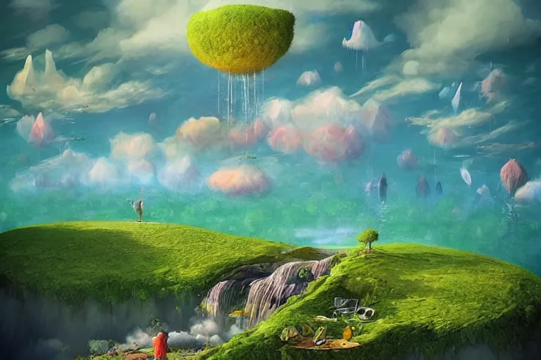 Prompt: surreal glimpse into other universe, floating island in the sky, waterfall, summer morning, very coherent and colorful high contrast, art by!!!! gediminas pranckevicius!!!!, geof darrow, dark shadows, hard lighting