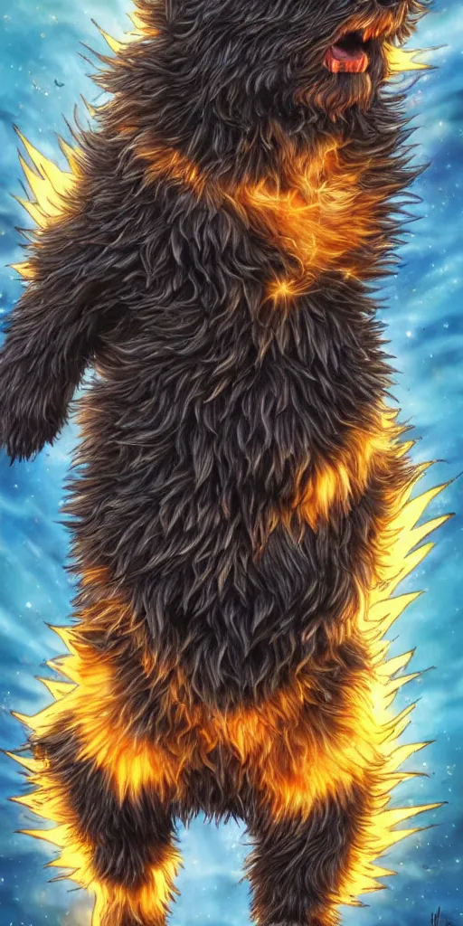 Prompt: a bernedoodle going super saiyan, studio ghibli lighting, very cute, art of the year, best art award, 8 k