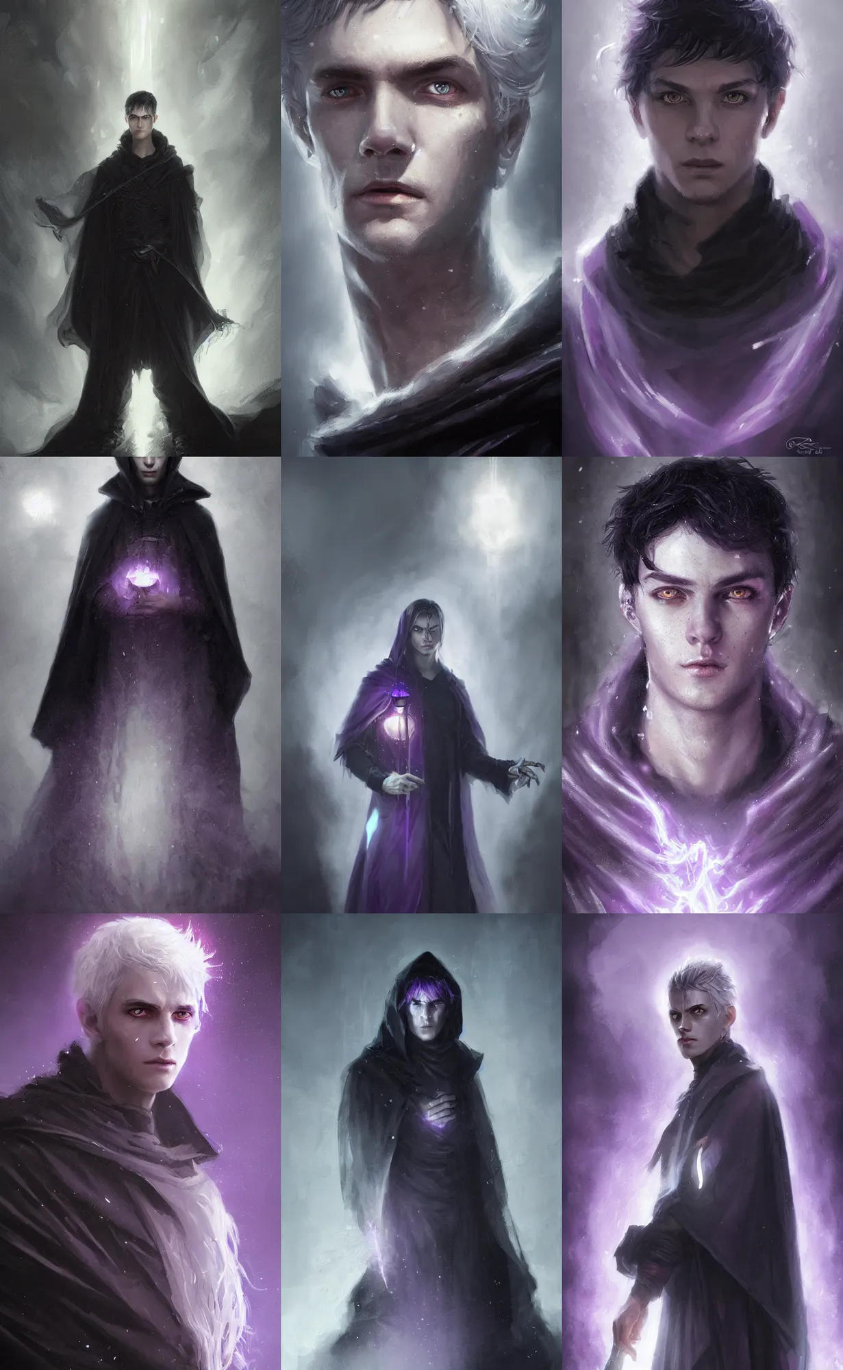 Prompt: portrait of a young man with purple eyes, dressed in a black cloak, silver white hair, glowing purple eyes, detailed face, fantasy, highly detailed, cinematic lighting, digital art painting by greg rutkowski