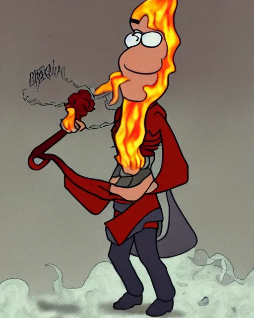 Image similar to squidward wearing fire nation clothing and practicing firebending