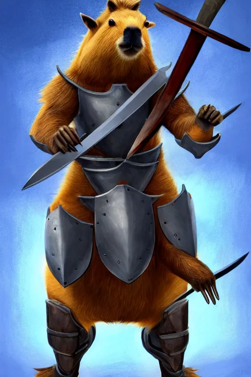 Image similar to an anthropomorphic capybara that is wearing full iron plate armor, a capybara that is dual wielding broadswords, as a matte oil painting and d & d art, standing, fullbody, blue magic, sharp focus, award - winning, extremely detailed, 4 k,