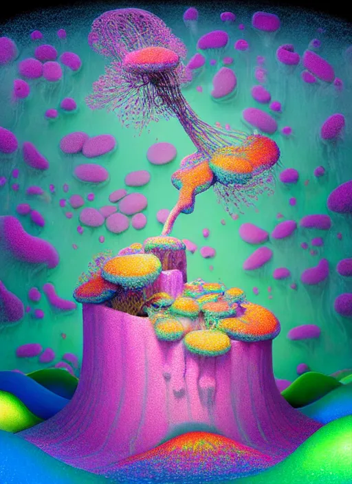 Image similar to hyper detailed 3d render like a Oil painting - kawaii Aurora (Singer) seen Eating of the Strangling network of colorful yellowcake and aerochrome and milky Fruit and Her delicate Hands hold of gossamer polyp blossoms bring iridescent fungal flowers whose spores black the foolish stars by Jacek Yerka, Mariusz Lewandowski, Houdini algorithmic generative render, Abstract brush strokes, Masterpiece, Edward Hopper and James Gilleard, Zdzislaw Beksinski, Mark Ryden, Wolfgang Lettl, hints of Yayoi Kasuma, octane render, 8k