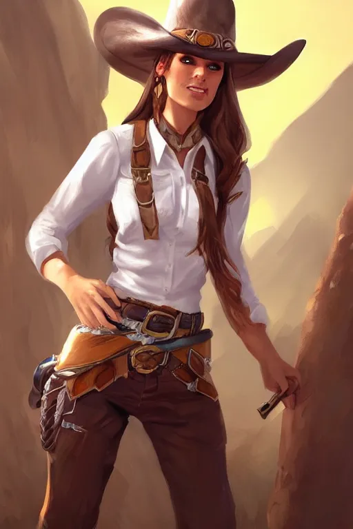 Image similar to full body, female cowgirl, perfect face, white blouse, long rifle, 8 k, magic the gathering, desert, d & d, artstation