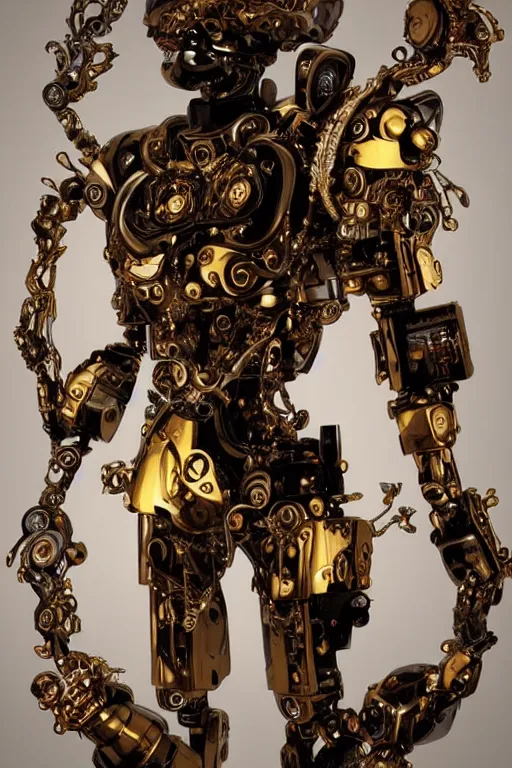 Image similar to baroque and cyberpunk style full-body sculpture of a young seductive Hispanic prince half android with a chest exposing a glowing ruby battery with porcelain arms posed like a model, glowing gold laser eyes, crown of white gears and sparkling diamonds, swirling white-colored silk fabric, robot dinosaurs. modern elements. reflective surfaces. intricate artwork by caravaggio. art by Artgerm and Alphonse Mucha, Trending on artstation, cinematic industrial lighting, photorealistic, octane render, 8k, depth of field, 3D