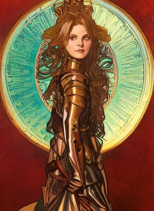 Image similar to elegant paladin in copper colored plate armor who looks like young michelle pfeiffer, moonlight in the background, illustration by alphonse mucha, soft lighting, HD, sharp focus, intricate, masterpiece, concept art, character design