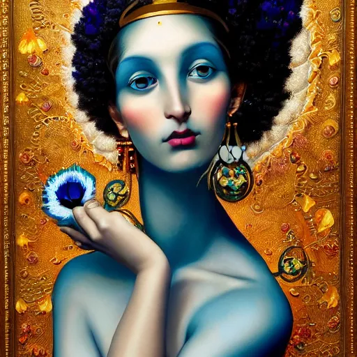 Prompt: a painting of a blue skinned woman with hair of flowers and peacock plummage wearing ornate earrings, a surrealist painting by tom bagshaw and jacek yerga and tamara de lempicka and jesse king, featured on cgsociety, pop surrealism, surrealist, dramatic lighting, wiccan, pre - raphaelite, ornate gilded details