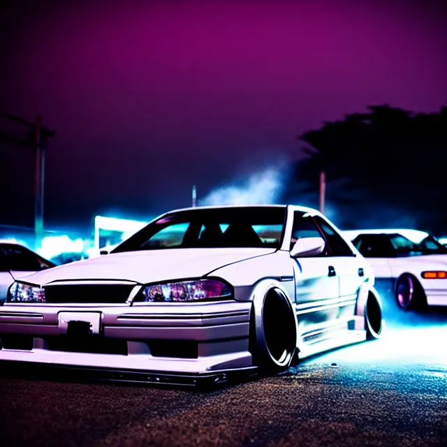 Image similar to a car JZX90 twin turbo drift at illegal car meet, Tochigi prefecture, city midnight mist lights, cinematic lighting, photorealistic, highly detailed wheels, high detail