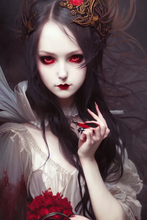 Image similar to portrait of radical lolita girl, dreamy and ethereal, red eyes, smiling expression, ornate goth dress, dark fantasy, chaotic, elegant, black crows flying, highly detailed, digital painting, artstation, concept art, smooth, sharp focus, illustration, art by artgerm and greg rutkowski and alphonse mucha