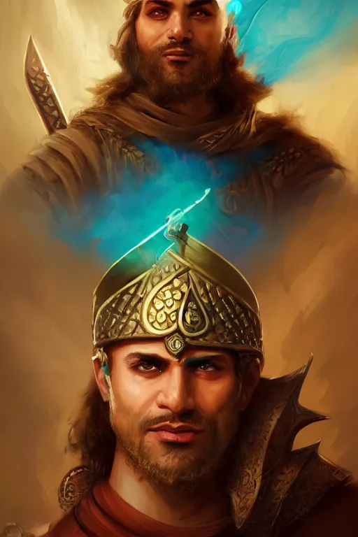 Image similar to ! dream character portrait of ahmad jannati as magic barbarian with a third eye on the forehead and body warpaint, dungeons and dragons cover artwork, dynamic composition, dramatic lighting, trending on artstation, award winning art, stylized painting by sophie anderson, leonardo da vinci and raphael, concept art, 4 k, 8 k, gold and teal color scheme