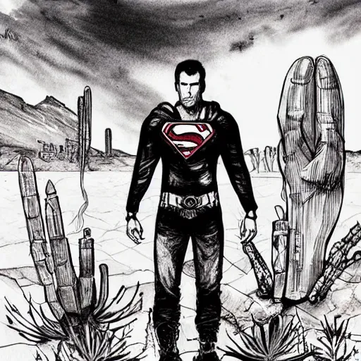 Prompt: black pen sketch of a superman zombie in a post - apocalyptic desert, gta 5 cover art style, the desert is in watercolor, elephant skull, pencil, intermediate art, paper art, pencil, bold lines, humans with apocalypse clothes on in the background, by an gta 5 loading screen artist