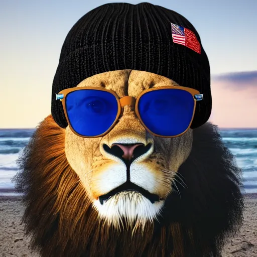 Prompt: a photorealistic picture of a knitted smiling male lion wearing blue sunglasses and a beanie cap at the beach during sunset Trending on Artstation, featured on Behance, well-rendered, fine detail, extra crisp image, Unreal Engine, 4K HD