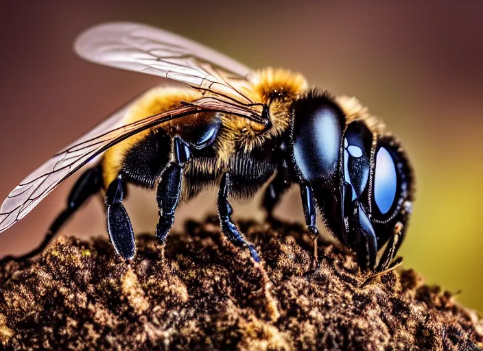 Prompt: super macro of a ronot bee drinking from a flower in the forest. fantasy horror cyberpunk style. highly detailed 8 k. intricate. nikon d 8 5 0 3 0 0 mm. award winning photography.