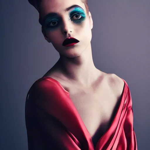 Prompt: a model dressed in an avant garde tasteful color haute couture dress, drapery minimalism, avant garde makeup art, vogue full color editorial photo, sharp focus dynamic light, soft blur