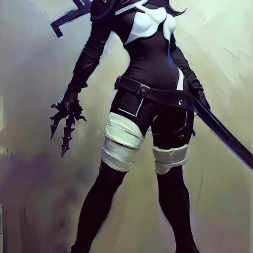 Image similar to greg manchess portrait painting of a 2 yorha type a no. 2 as overwatch character!! holding a sword!!, white long hair, organic painting, sunny day, matte painting, bold shapes, hard edges, street art, trending on artstation, by huang guangjian and gil elvgren and sachin teng