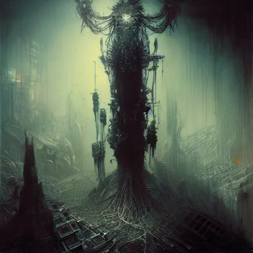 Image similar to cyberpunk nightmare by gustave dore and gustave moreau and beksinski and giger and craig mullins and jeremy mann