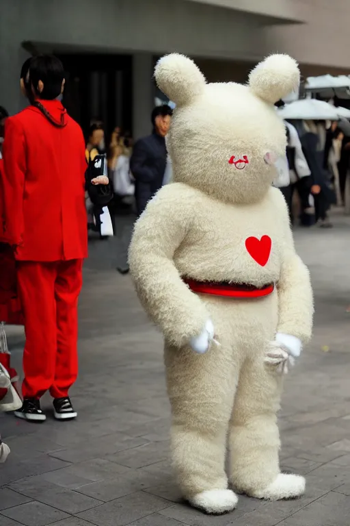 Image similar to 35mm of a very cute, simple minimal, adorable and creative Japanese mascot character costume, fuzzy, full body and head view, very magical and dreamy, designed by Gucci and Wes Anderson, kawaii, magical details