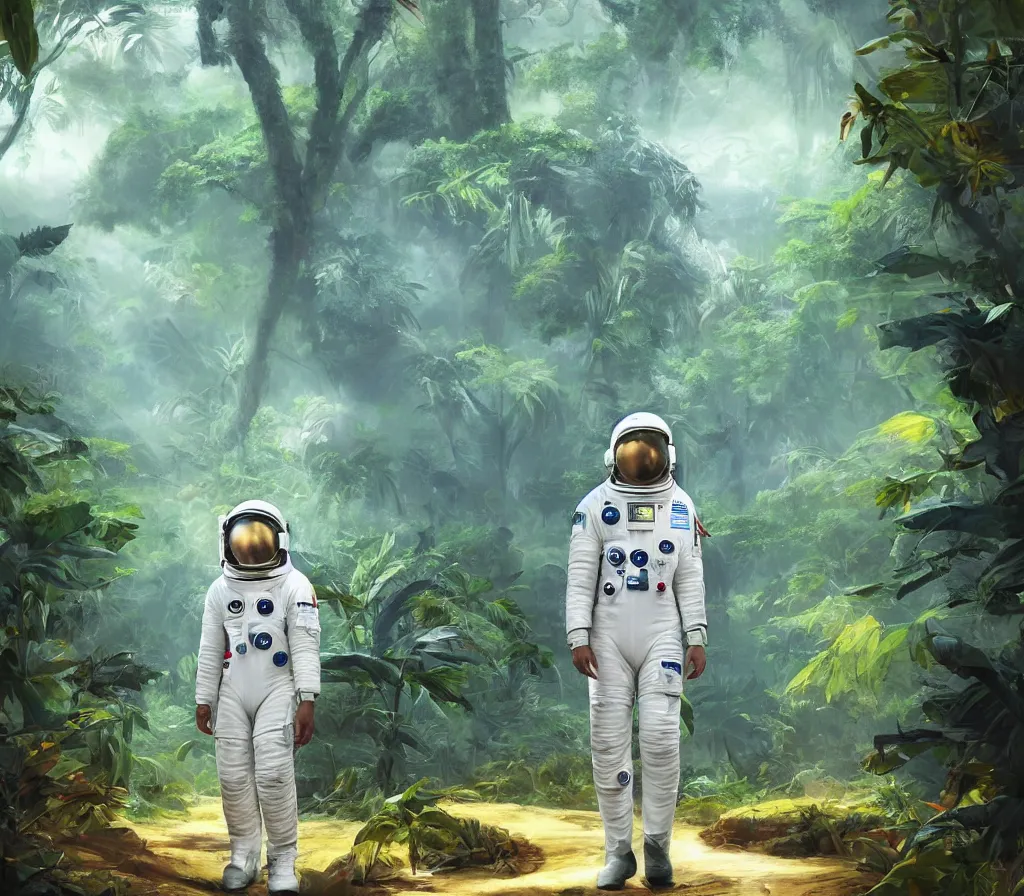 Prompt: modern scifi astronaut dressed in white suit is walking on the ground of a colorful tropical forest, dinosaurs in forest, style by blizzard concept artists