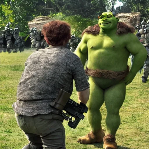 Prompt: shrek engaged in militia combat