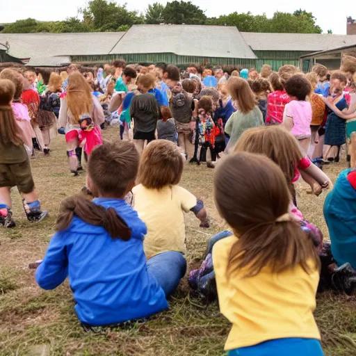 Prompt: the children are looking at a large group of people